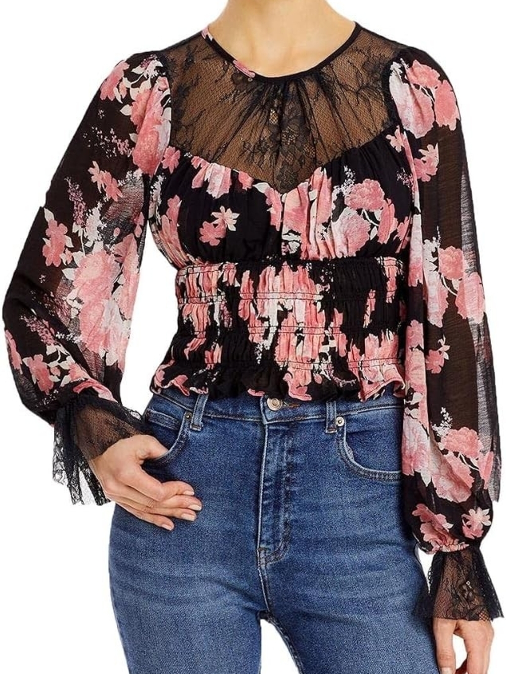 Free People Black Blouse with Pink Floral Lace Yoke
